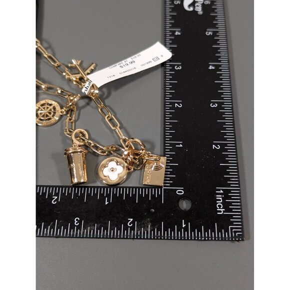 Gold Tone Travel Charm Necklace Coffee Cup Camera Compass 19" NEW - Picture 7 of 7